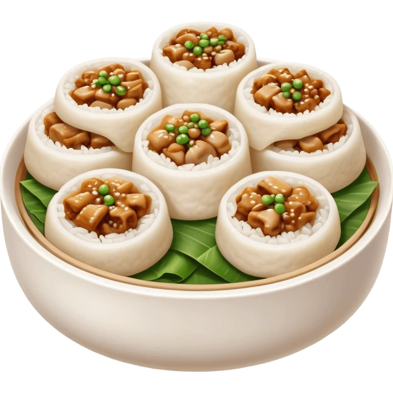 Cinematic Realistic B√°nh cu·ªën Dish Emoji, featuring steamed rice rolls filled with savory minced pork and mushrooms rendered with soft textures and inviting, warm lighting. emoji