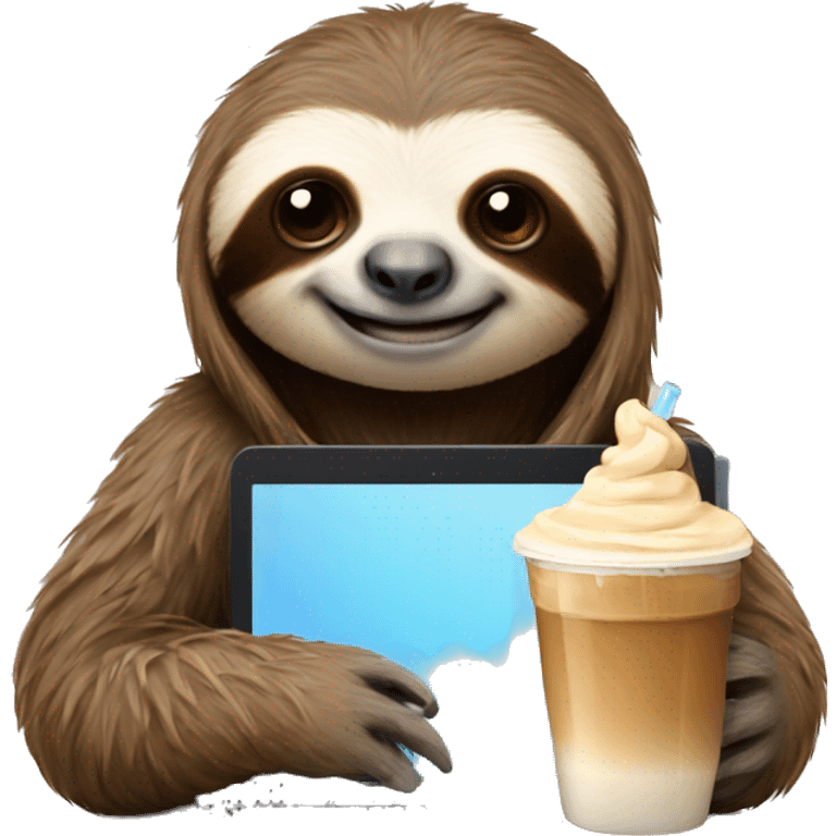 sloth with laptop and ice latte emoji