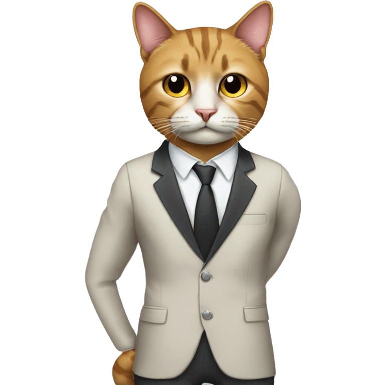 Cat in a human body in costume like a business emoji