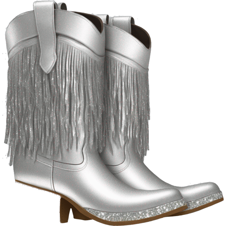 Realistic silver colored fashion cowgirl boots with sparkly shiny glitter fringe on them. emoji