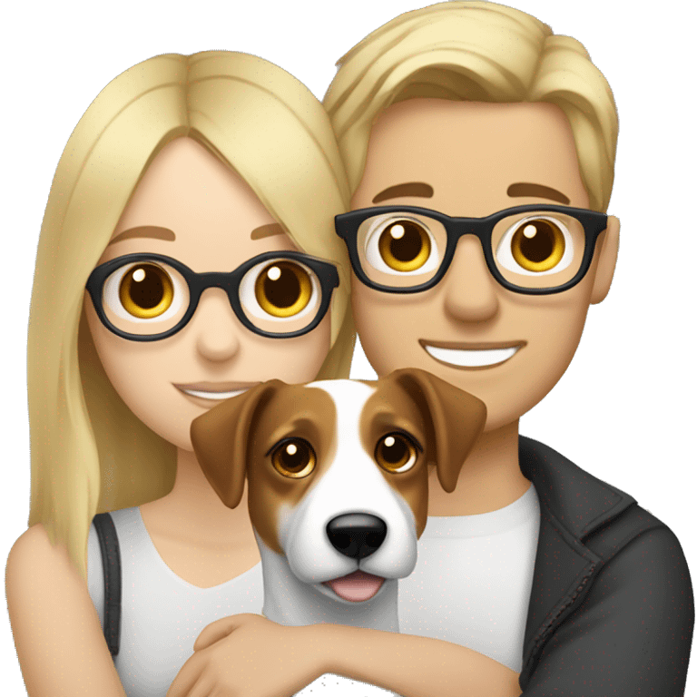 Blonde girl and her white boyfriend with brown hair and glasses cuddling a jack Russell  emoji