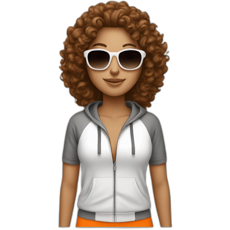 generate a brown curly long hair white woman with sunglasses, she wear a orange tracksuit  emoji