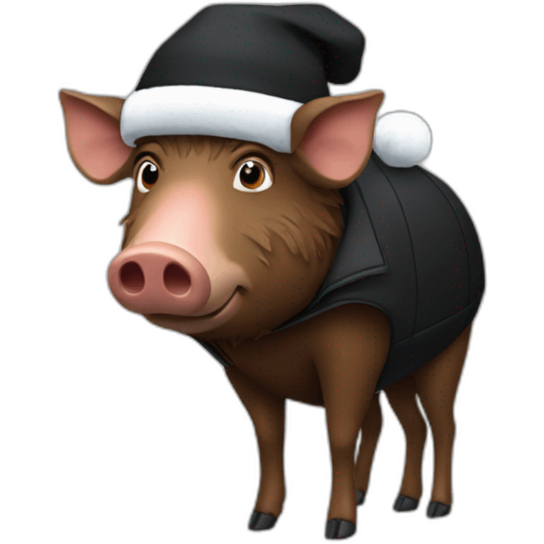 a wild tired brown boar in a black jacket and a black winter hat emoji