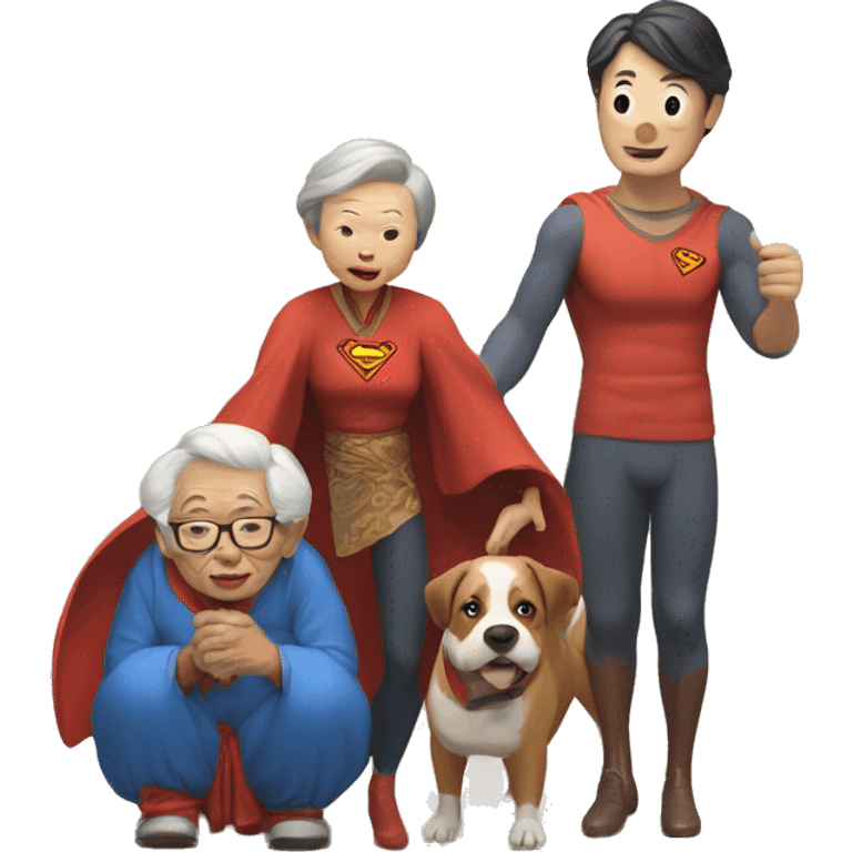 Superman juggling an old Chinese lady, a dog and family emoji