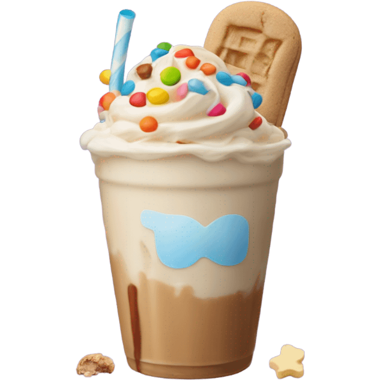 a peanut butter and banana flavored milkshake topped with reese’s pieces, a toffee covered marshmallow, a boxing glove made of white chocolate, and a peanut butter cookie emoji