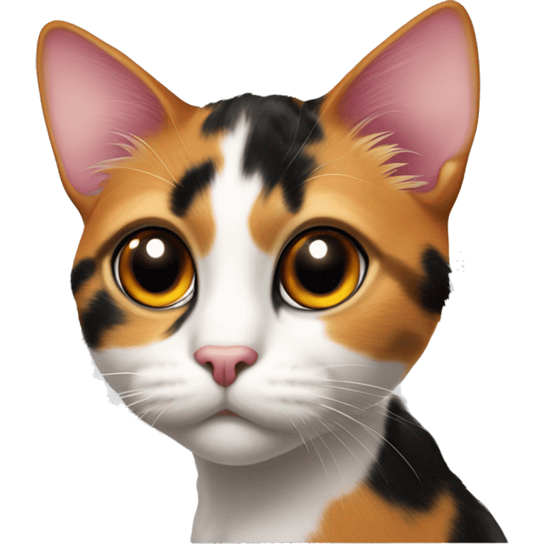 curious calico cat with pink nose, Mostly black markings on her head and a little orange markings on her left eye,gazing forward emoji