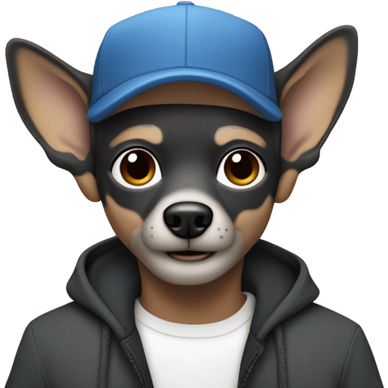 blue eyed man, with grey hair,  grey goatee, wearing ball cap, holding long hair black chihuahua emoji