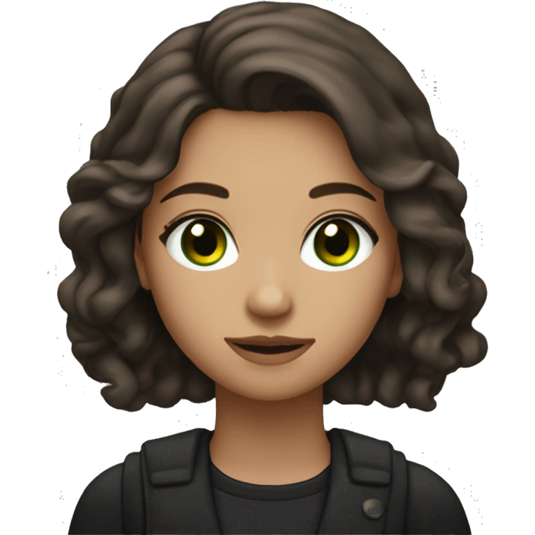 A girl with brown hair, green eyes, a slight smile, wearing small silver earrings. Dressed predominantly in dark clothing, especially black. emoji