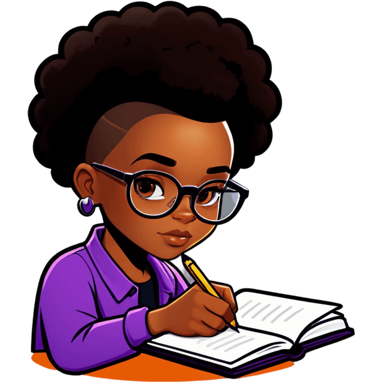 Black girl with glasses and a shaved sides haircut writing in a journal emoji