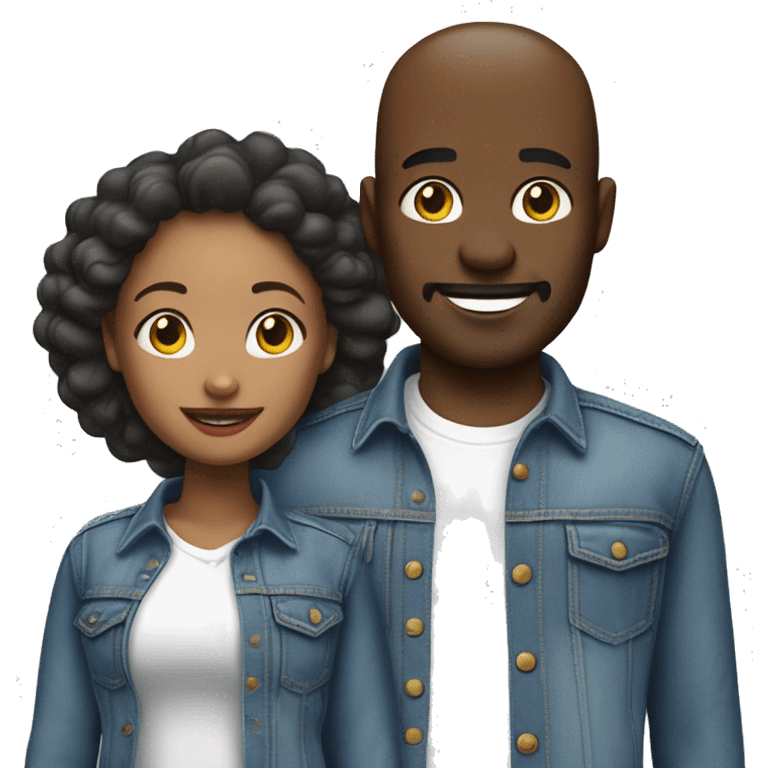 denim duo in white shirts for African American man  bold head and wife add 3 kids boy 10 years and girl 6 years and boy 1.5 years  emoji