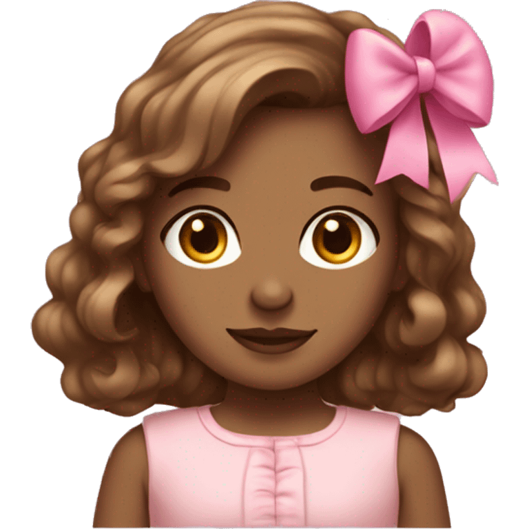 Medium skin tone girl with brown wavy middle tall hair and pink bow emoji