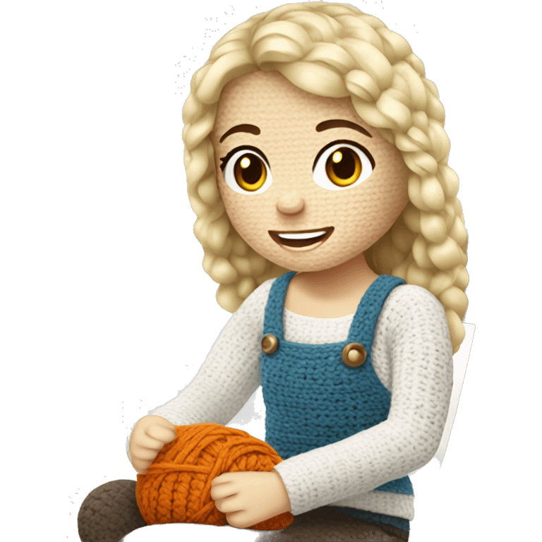 white blond Girl sitting doing crochet emoji