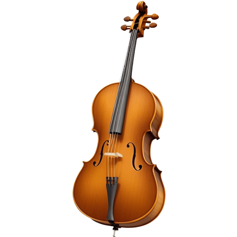 Create a refined and detailed emoji representing a Cremona cello with a bow. The design should feature the smooth, polished wooden body of the cello with a deep, rich tone color. The strings and tuning pegs should be visible, emphasizing the instrument's fine craftsmanship. Add a delicate bow placed gently across the strings, with intricate detailing on the hair and frog. Include subtle musical notes around the cello to evoke the graceful, classical sound. Use warm wood tones and accents like gold and silver for a professional, elegant look. The background should be transparent. emoji