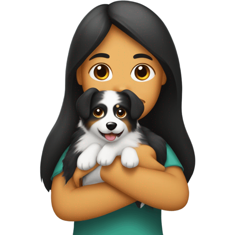 Spitz dog in the arms of a girl with dark shoulder-length hair emoji