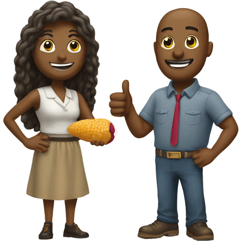 Man and woman standing next to a peanut that is  giving a thumbs up emoji