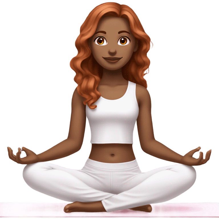 Girl with pale skin, dark brown eyes, medium length wavy copper hair wearing white shirt and light pink pants doing yoga on white yoga mat emoji