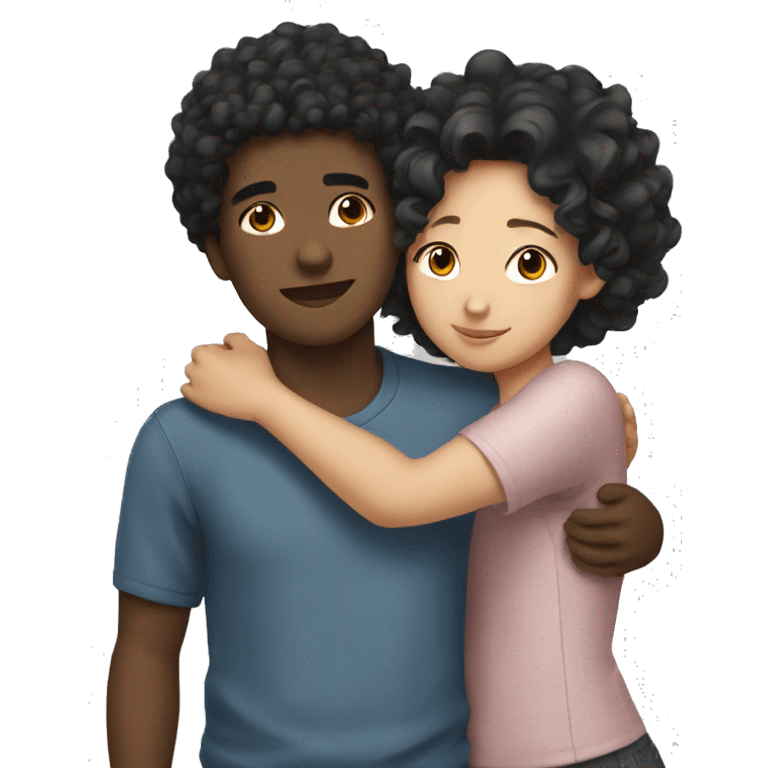 Black boy with curly hair hugging Asian girl emoji