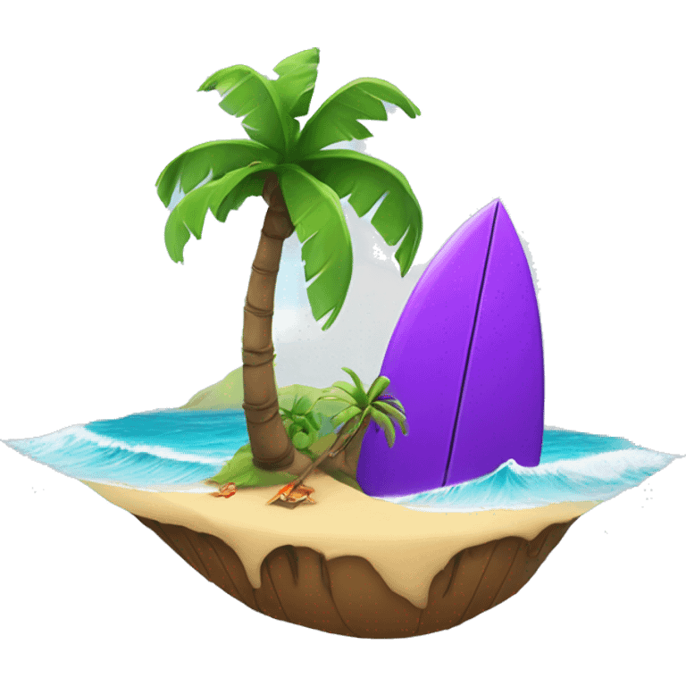 small island in the middle of the ocean with palm tree and purple cartoon Surfer sitting next to it with surfboard siting next to the palm tree emoji