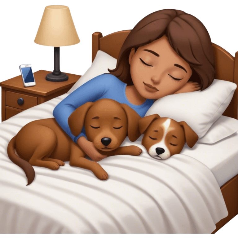 Young brown headed girl sleeping in her bed with her tan to brown dog med size on her bed. Her phone with her as she sleeps like sleeping beauty emoji