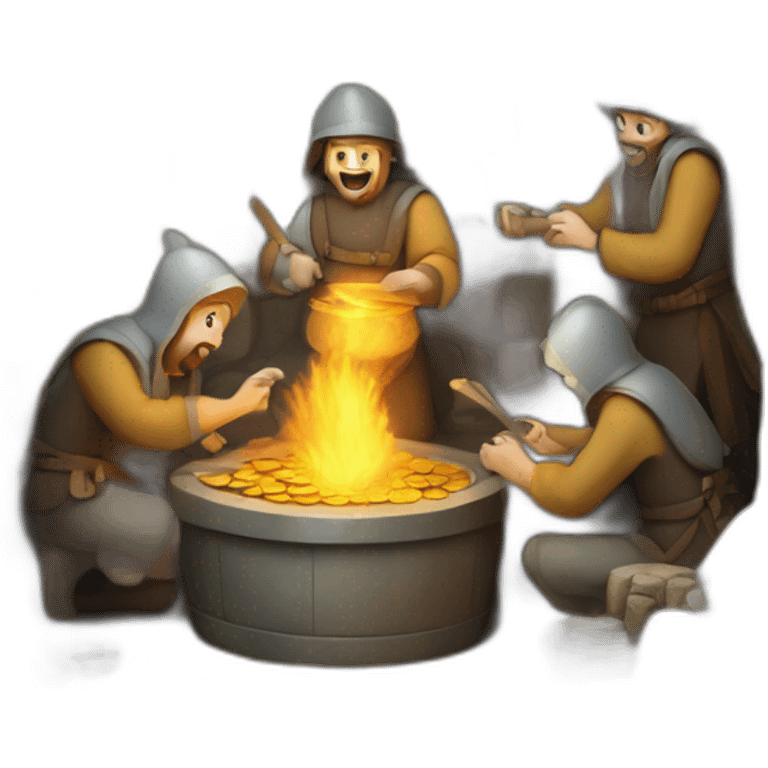 inside of a medieval mint showing different people working creating coins with a furnace emoji