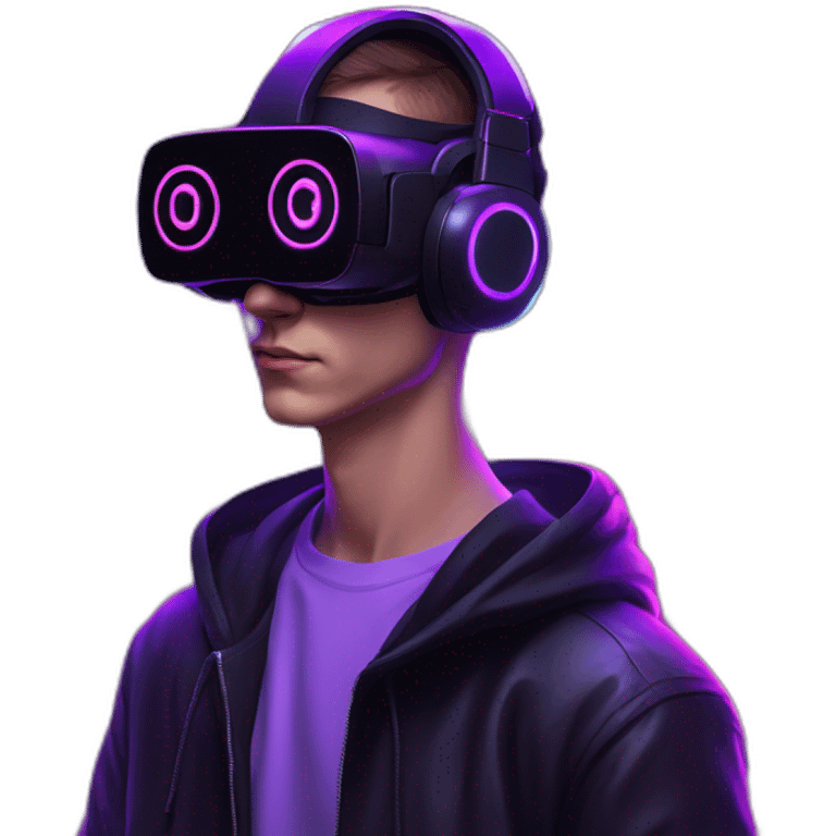 Russian young man wearing a black hoodie with "OMG" letters on it and VR headset in a cyberpunk VR environment with violet neon lighting. emoji