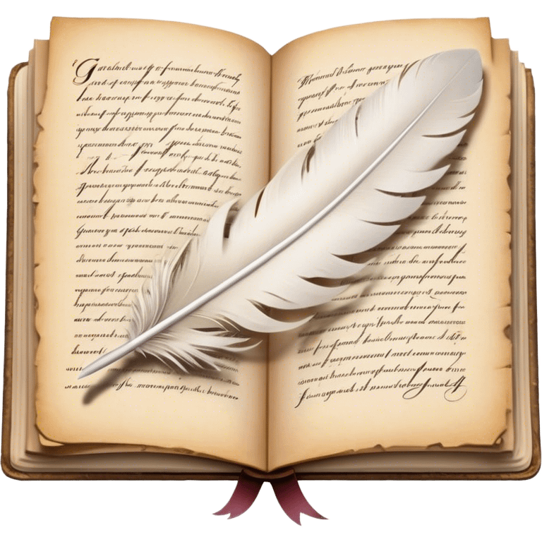 Create a poetic and elegant emoji representing poetry. The design should feature several vintage, gracefully flying pages with short, poetic columns written on them. A white feather quill should be depicted writing on one of the pages, with ink flowing smoothly. The pages should have a soft, antique look, with subtle details to convey the delicate nature of poetry. Use soft, light colors with a romantic, airy feel. Make the background transparent. emoji