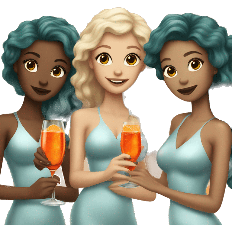 Three beautiful mermaids (light skin) drinking aperol emoji