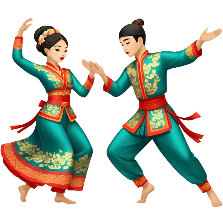 Cinematic Realistic scene of two performers executing a traditional Vietnamese folk dance, adorned in intricately patterned traditional costumes, captured in fluid motion with soft, culturally rich lighting emoji