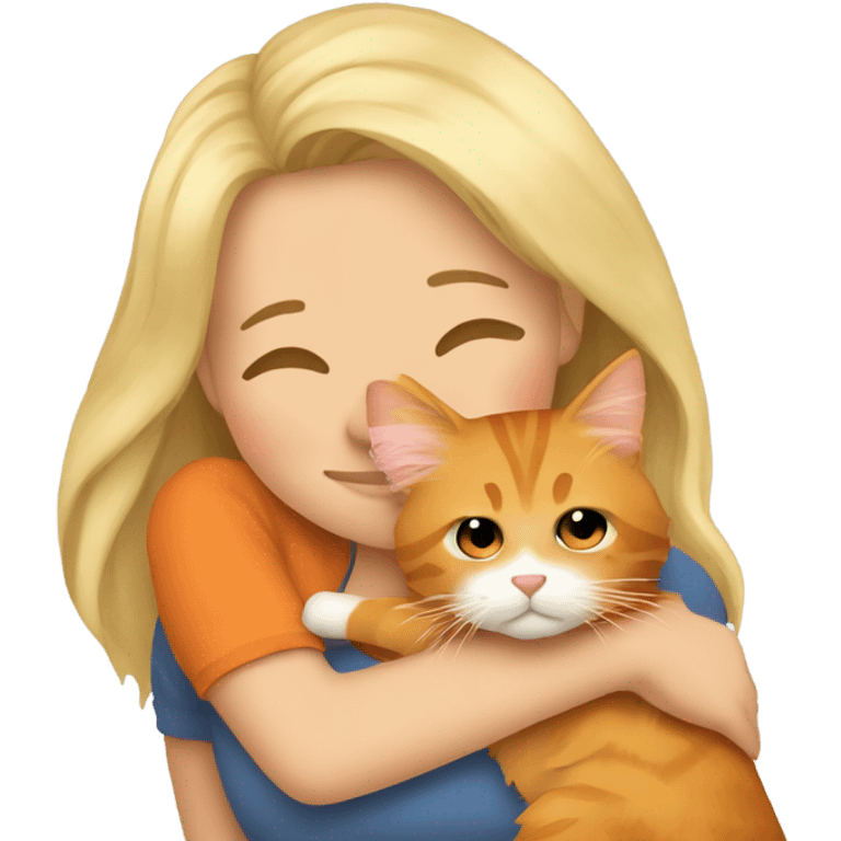 Blonde girl hugging her orange maine coon with a heart around them emoji