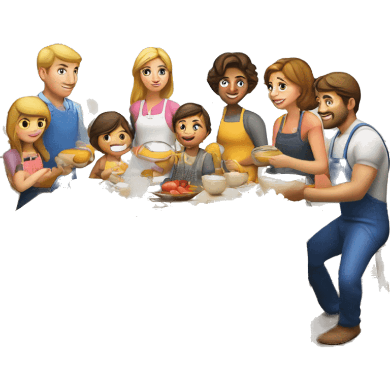 Caucasian family of 10 members preparing breakfast at kitchen  emoji