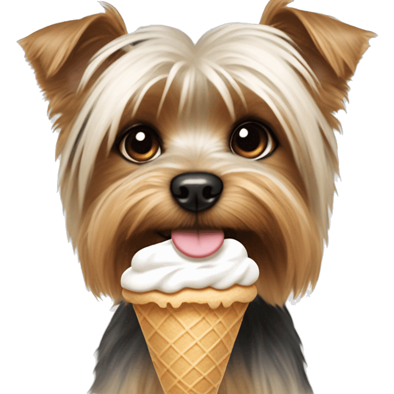 Puppy Yorkie white fur brown around eyes eating ice cream emoji