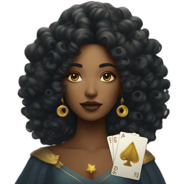 woman with curls and a tarot card with gold star on her had emoji