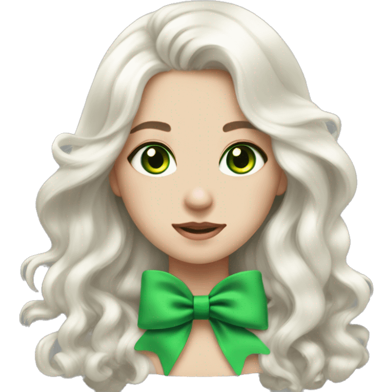 pale girl with long platinum white wavy hair with bright green eyes and wearing a black hair bow emoji