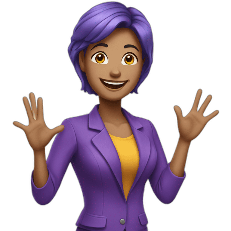 Bussiness woman saying hello and giving five with happy face  in purple clothes  emoji