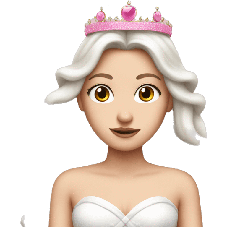 White girl with long hair as a bride wearing pink crown and pink bow on top of a head emoji