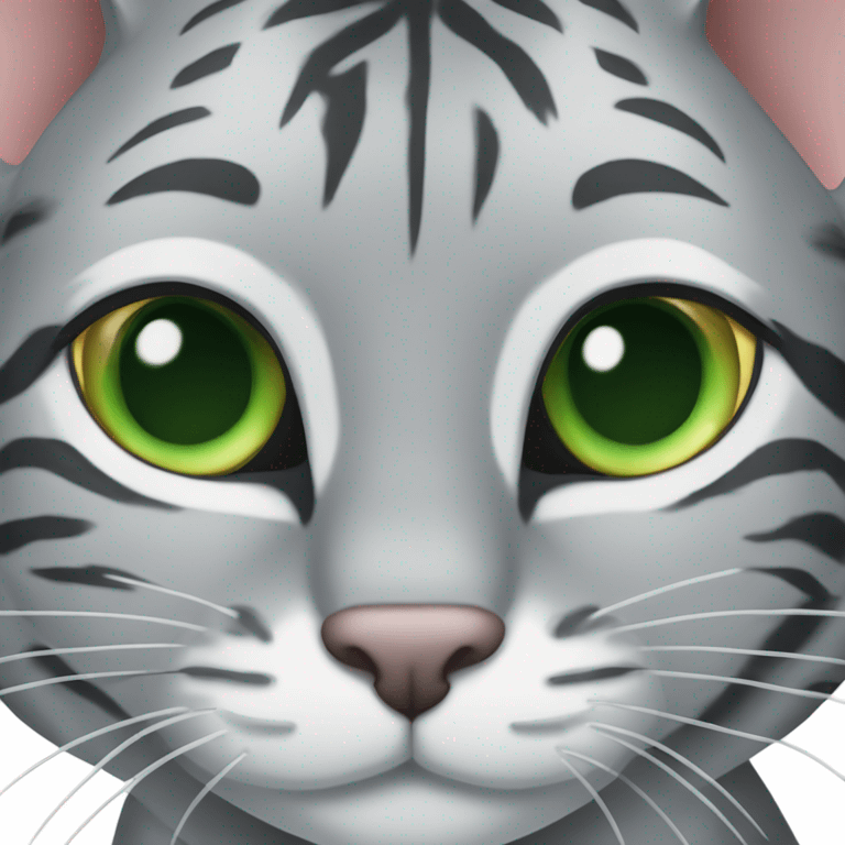 grey tiger tabby cat with green eyes and one tipped ear emoji