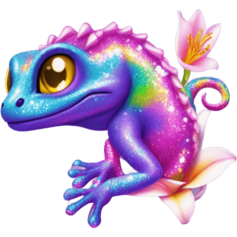 Lisa frank glitter gecko with a lily emoji