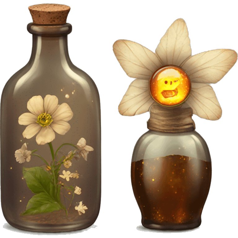 Brown magic fairy light sparkling old Antique bottle with poison and with herbal and flowers emoji