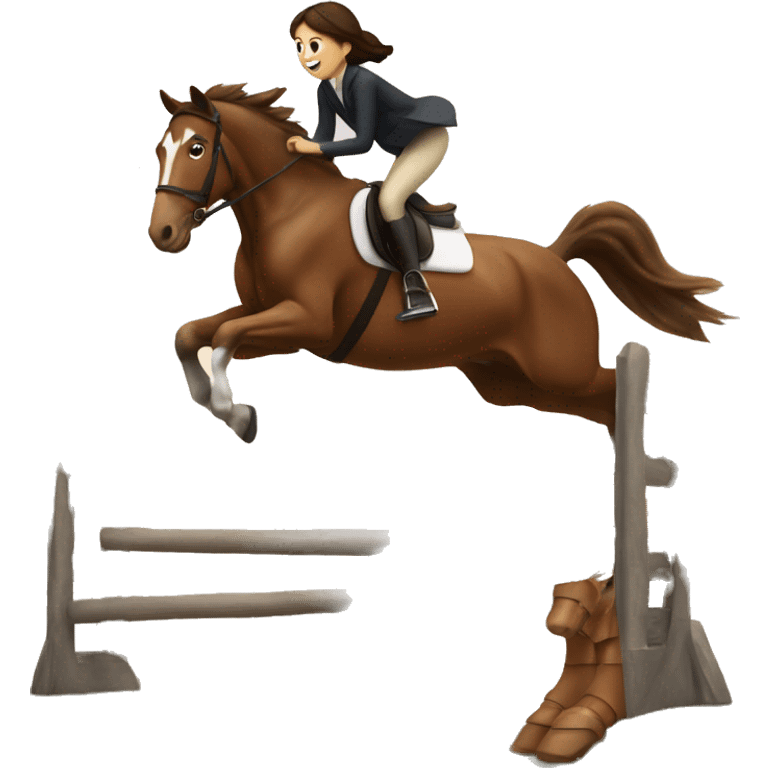 Horse jumping with a calm brunette girl and brown horse emoji