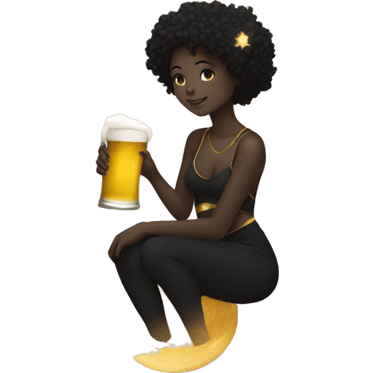 Ethereal Girl wearing black and gold sat on a nebula galaxy drinking beer surrounded by golden stars and planets emoji