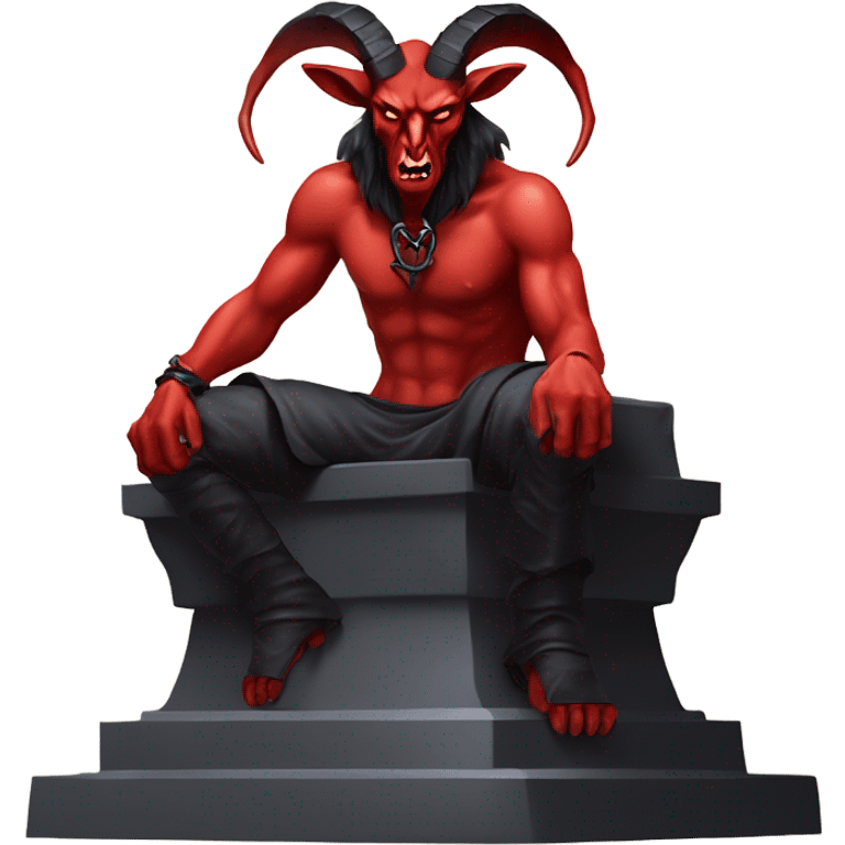 Evil Goatman male Devil sinister with red tipped horns standing with goat hind legs on pyramidal pillar  aura of darkness he is commanding sinister evil power emoji