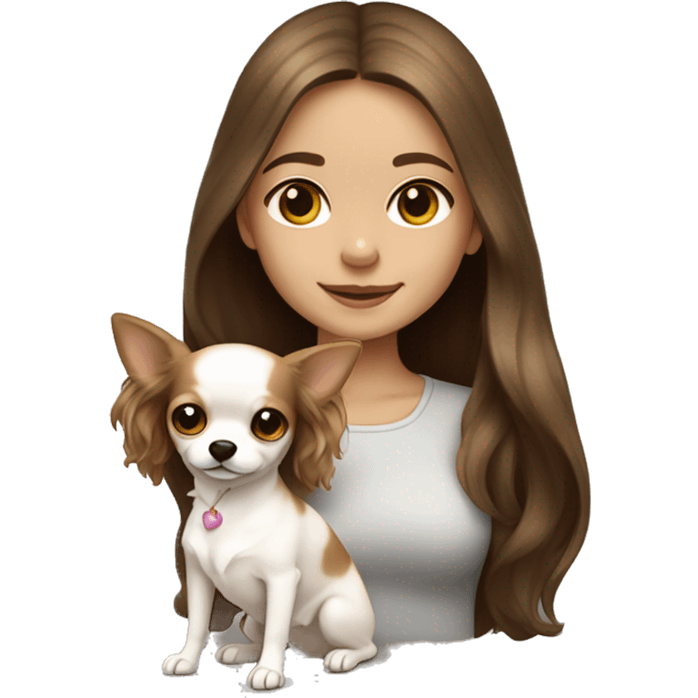 medium wavy brown hair girl with white long haired Chihuahua (with light brown ears) emoji