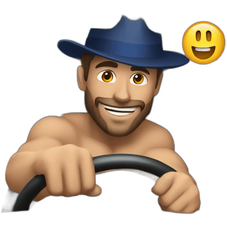 a muscular man wearing a uk coloured hat and driving a car emoji