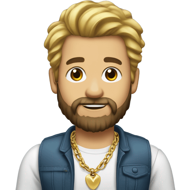 Hair: Add a voluminous hairstyle with a blonde top and darker sides.
Beard: Select a full, dark-colored beard.
Facial expression: Create a friendly smile.
Accessories: Add a gold chain and a smartwatch on the left wrist emoji