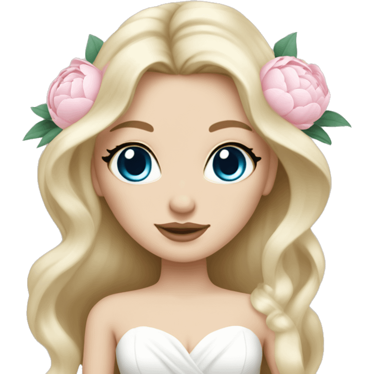 White bride with long light blonde hair and blue eyes with light pink peonies in hair white skin  emoji