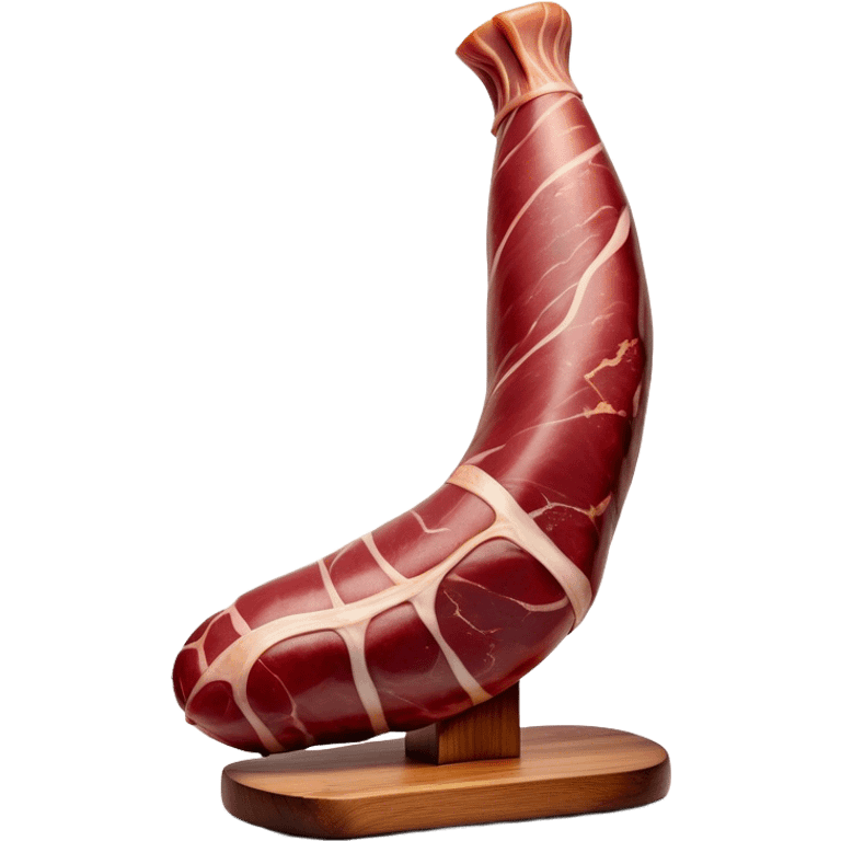 ​Cinematic Realistic Spanish Jamón Leg, depicted as a massive, cured leg of Jamón serrano with a deep reddish-brown hue, intricately marbled and slightly glossy with age, elegantly displayed on a rustic wooden stand and bathed in warm, soft lighting that accentuates its artisanal heritage, emoji