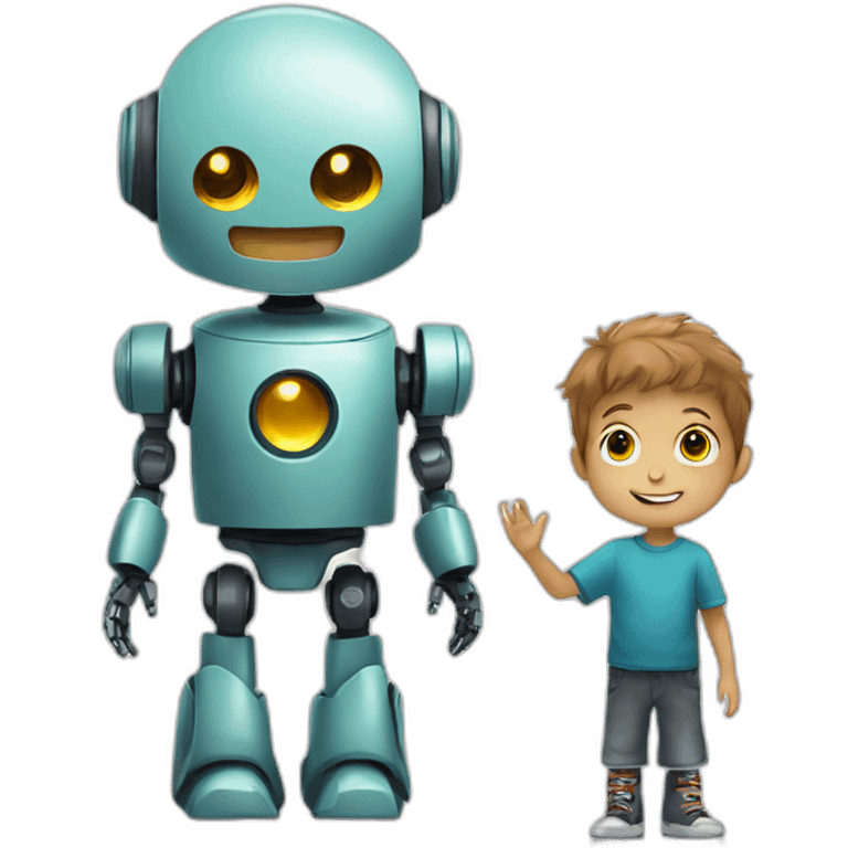 robot and a kid boy, hand emoji