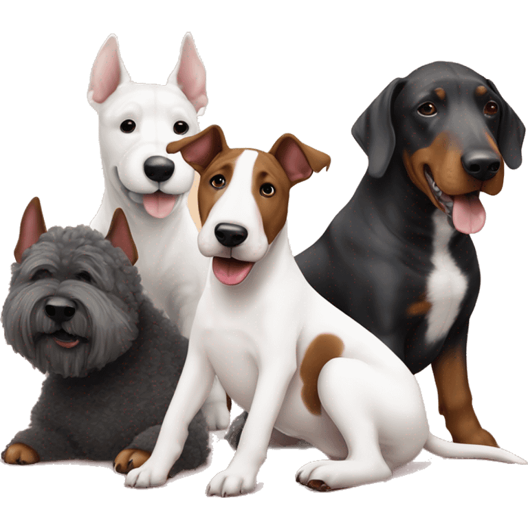 a english bull terrier, a fluffy poodle and a doberman chilling as friends cute emoji