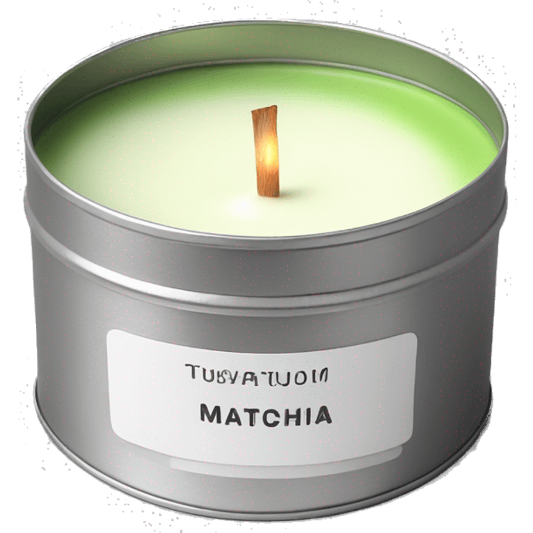 matcha scented candle in a silver tin with a small white label realistic emoji