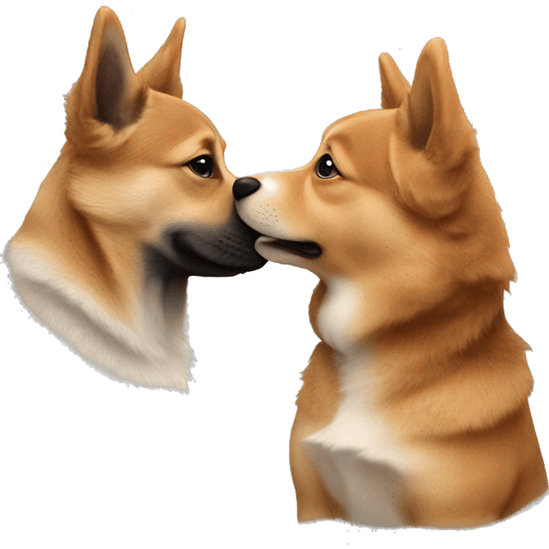 A Swedish Vallhund kiss a chestnut-haired man with curly hair emoji